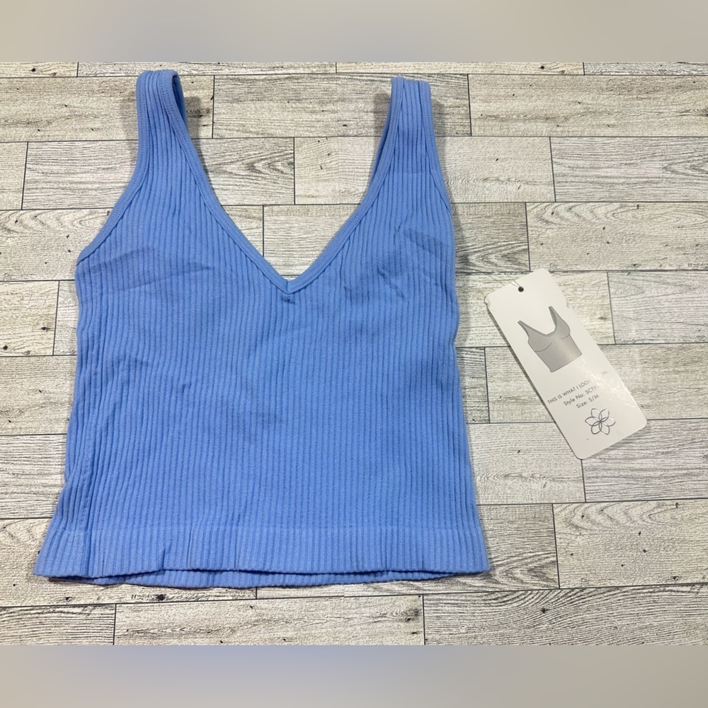 NWT Aura Top Women S/M Blue Tank Crop Ribbed Stretch Basic Yoga Workout Active